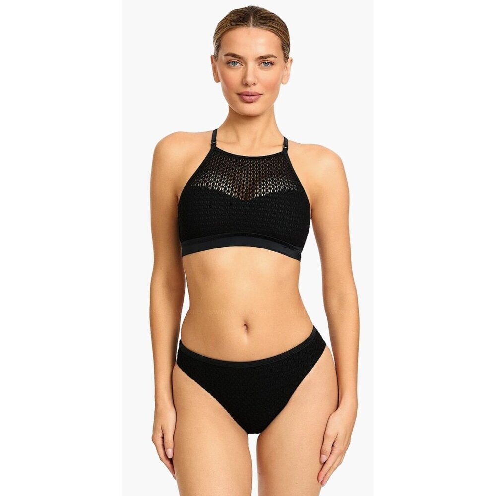 Robin Piccone Charlotte Black Mesh High Neck Bikini Set Size S